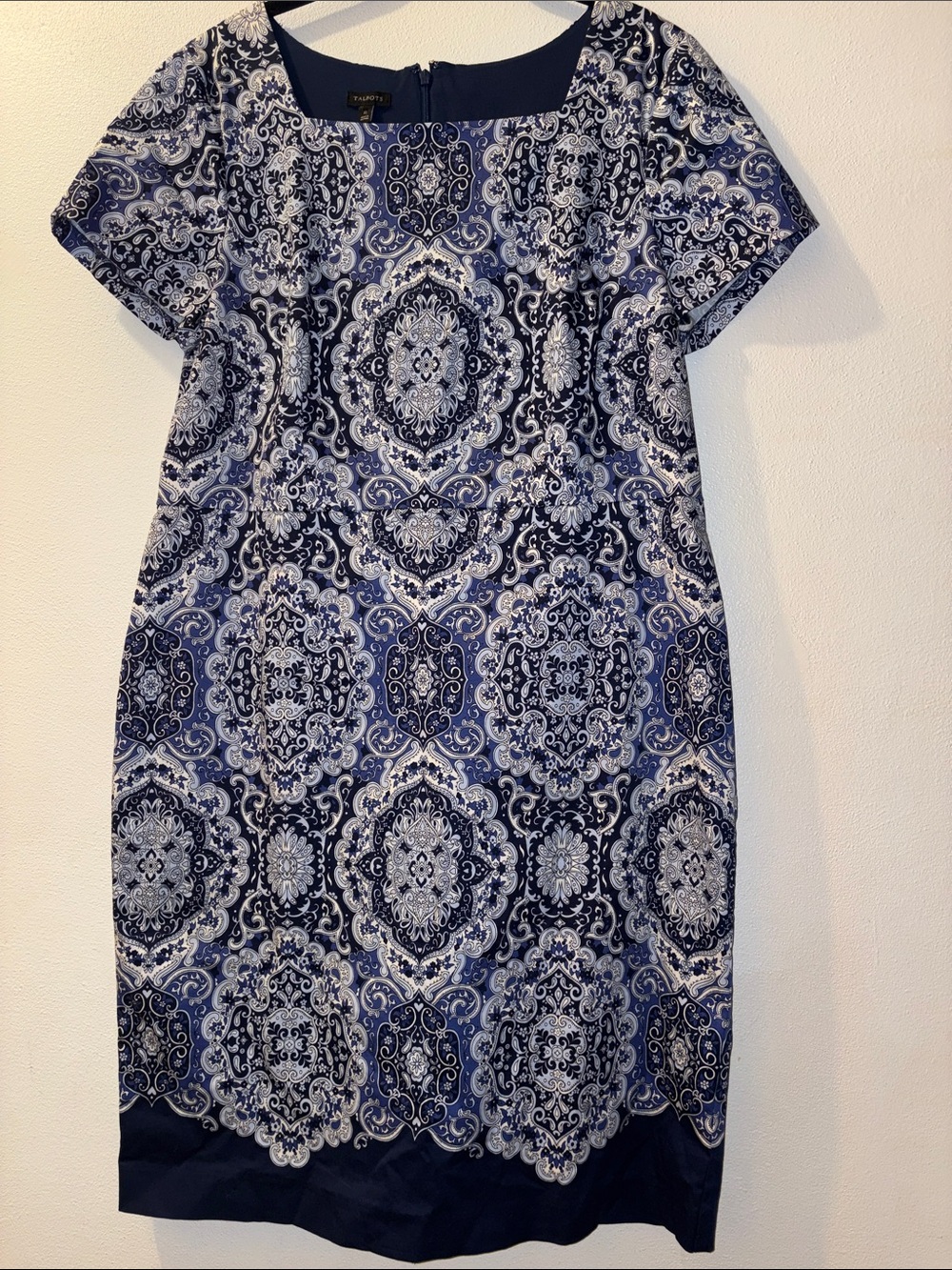 Talbots Navy and White Medallion-Pattern Midi Shift Dress size 16